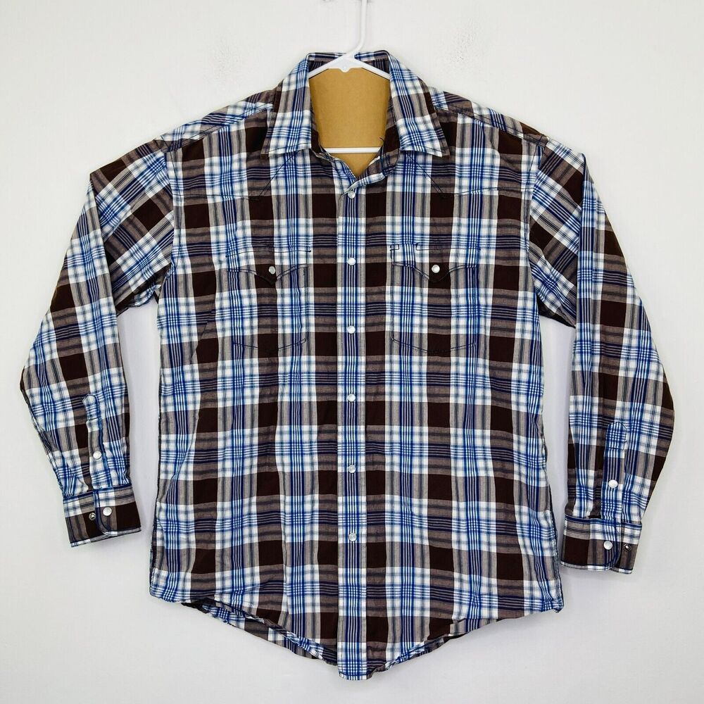 Rough Stock Men's Large Shirt Blue Brown Plaid Panhandle Slim Pearl Snap CA12